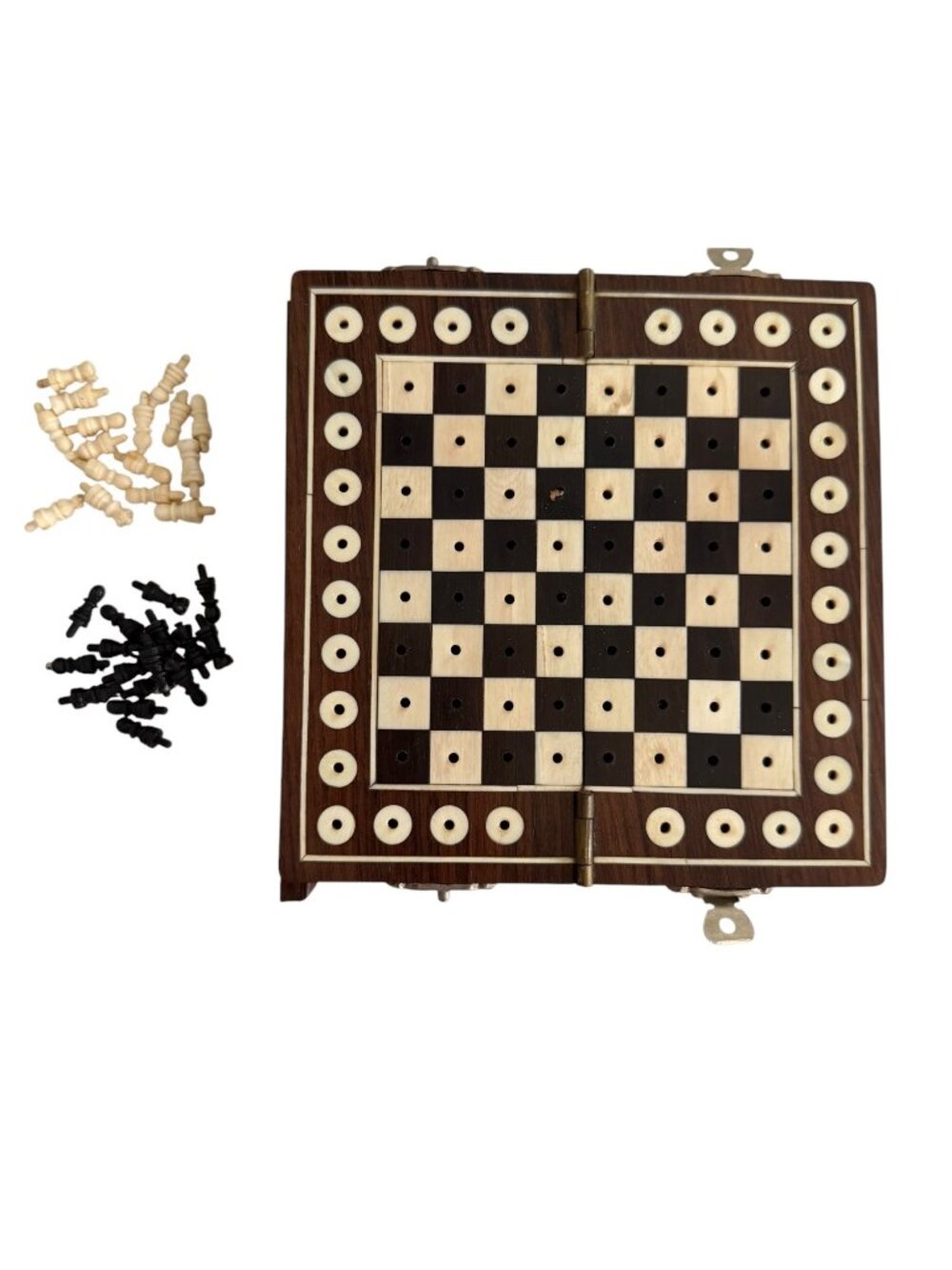 Vintage Miniature Wood Peg Travel Chess Set Complete 32 Pieces Folding 5.5"